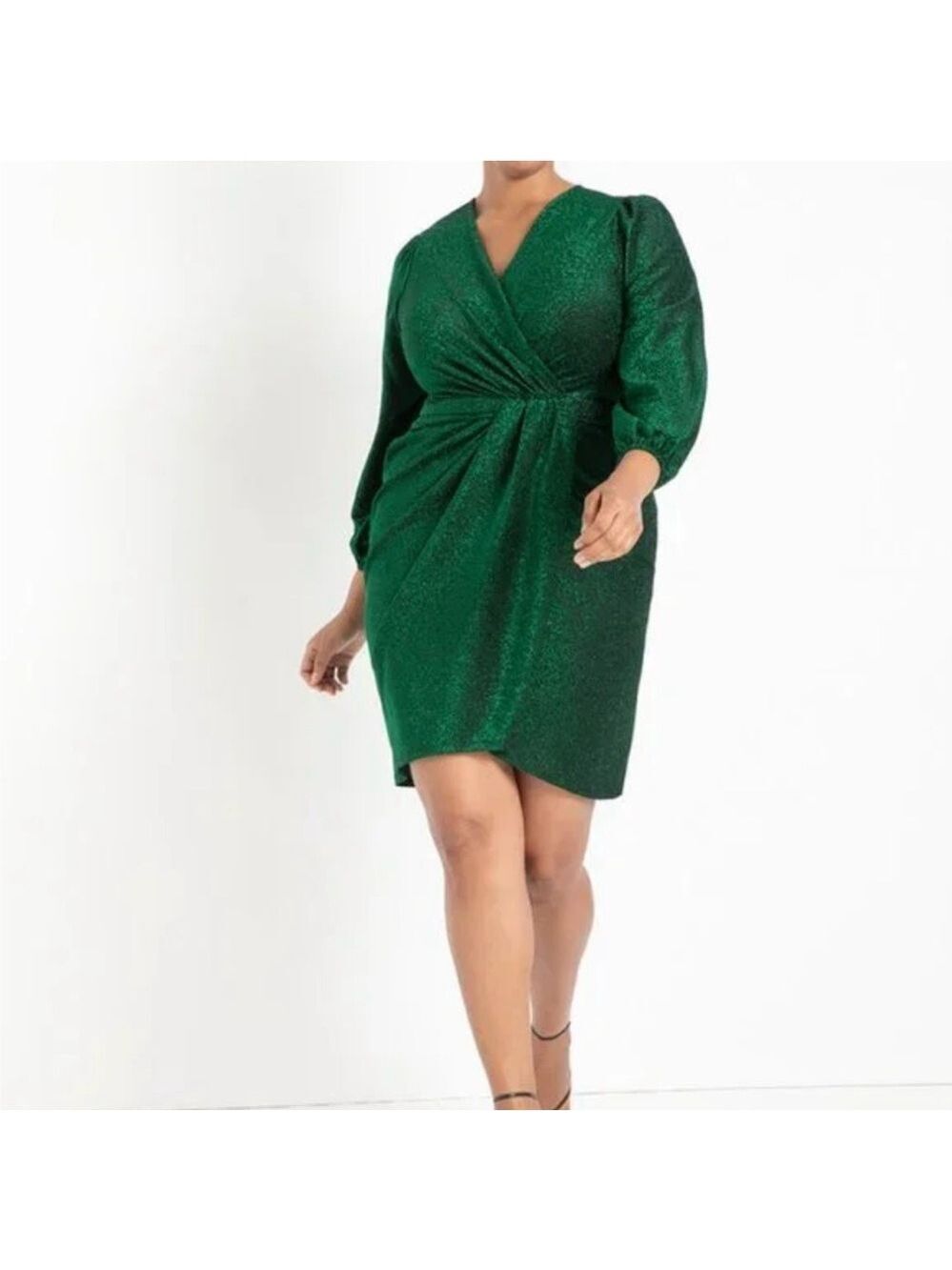 Eloquii Lurex Wrap Mini Dress Women’s 14 Metallic Green Balloon Sleeve